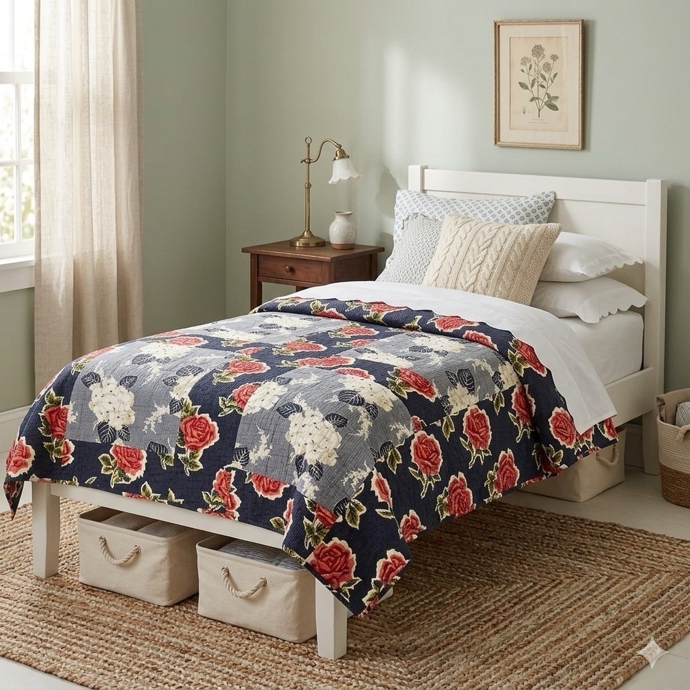 Garnet Hill Twin Cotton Reversible Floral Patchwork Rose Hydrangea Quilt Blanket
